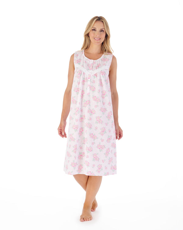 42" Shadow Leaf Floral Print Lawn Cotton Sleeveless Nightdress