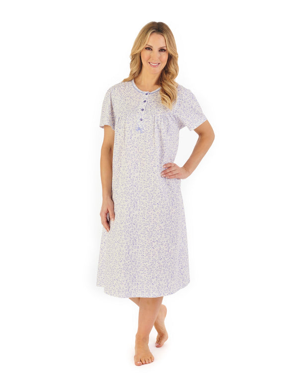 Leaf Print 42" Cotton Jersey Short Sleeve Nightdress