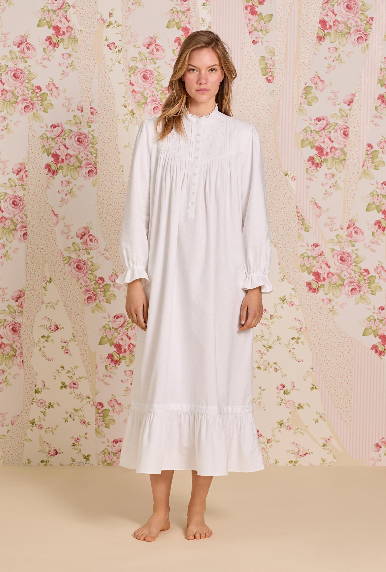 Eileen West Heritage Cotton Flannel Embroidery High Neck Ballet Length Nightgown