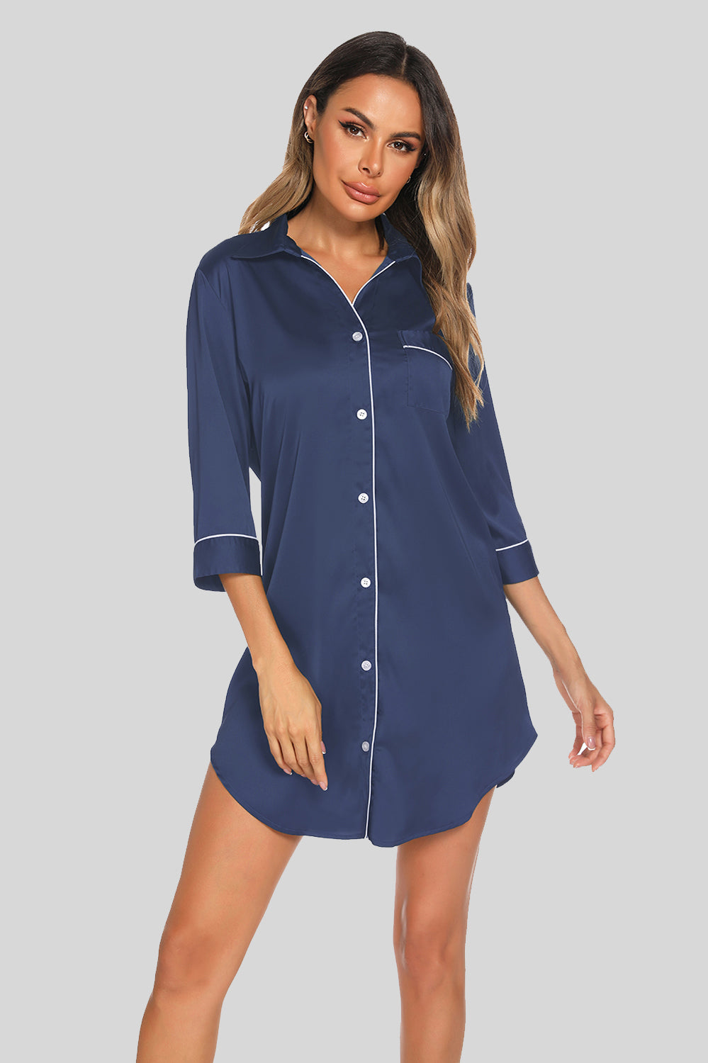 Contrast Piping Nightshirt With Pockets