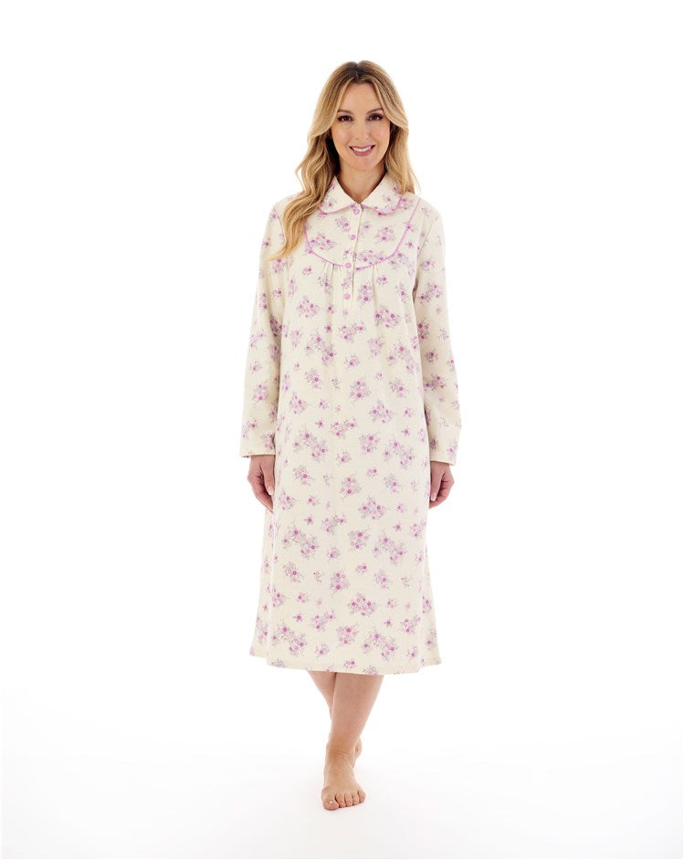 45" Collared Floral Printed Luxury Flannel Nightdress