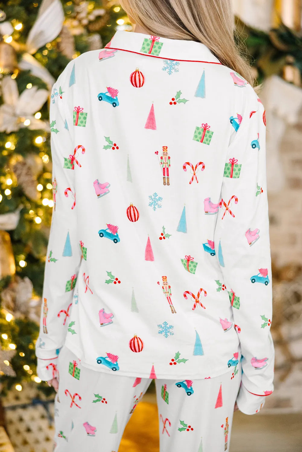 Holiday Print Collared Neck Long Sleeve Pajama