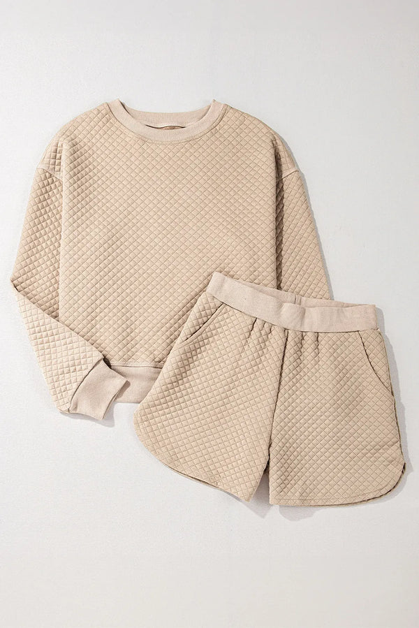 Quilted Round Neck Long Sleeve Top and Shorts Set