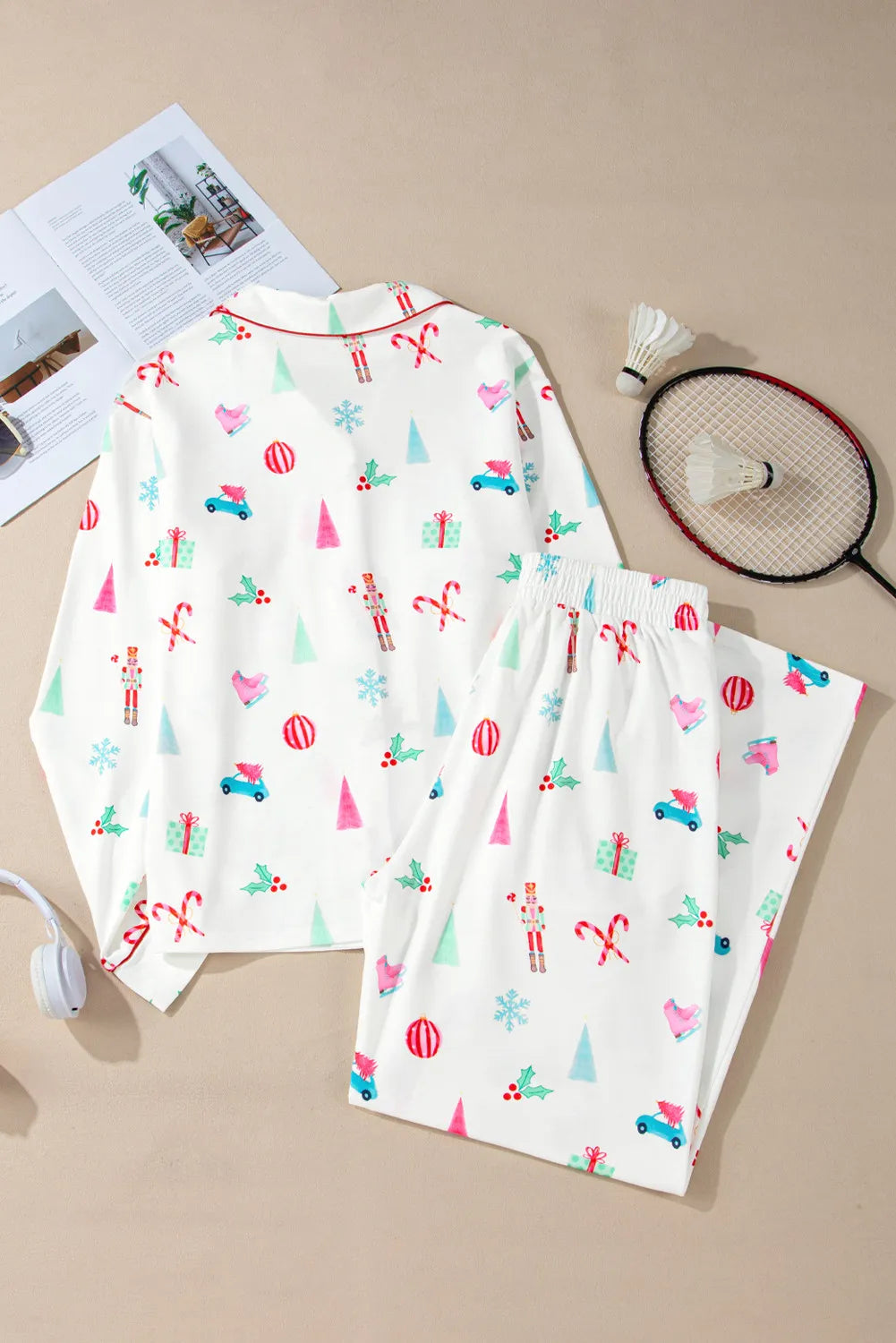 Holiday Print Collared Neck Long Sleeve Pajama