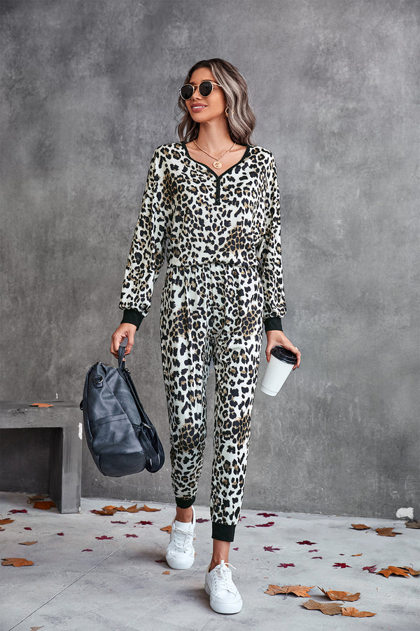 Leopard V-Neck Dropped Shoulder Loungewear Set