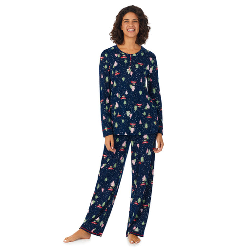 Brushed Sweater Knit Long Sleeve Henley Top 2-Pc Pajama Set
