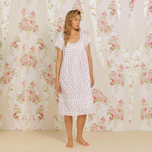 Eileen West Floral Stripe Lawn Cotton Cap Sleeve Nightgown