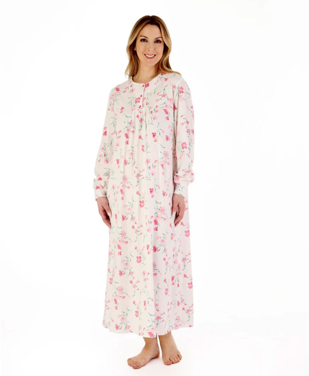 Slenderella Floral Scroll 50” Long Sleeve Jersey Nightdress