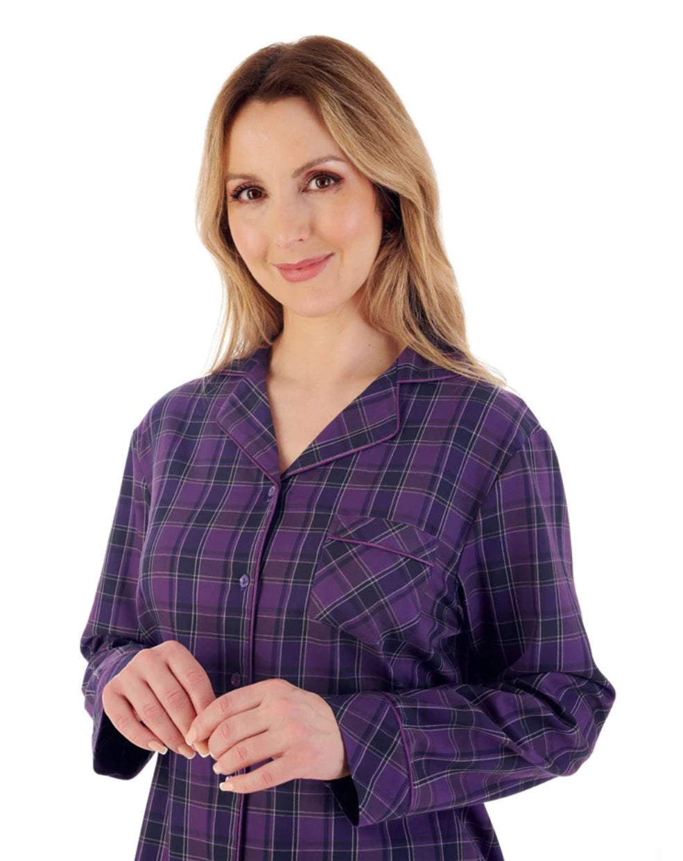 Slenderella Woven Check Tailored Long Sleeve Pyjama – Classic Cotton Nightwear