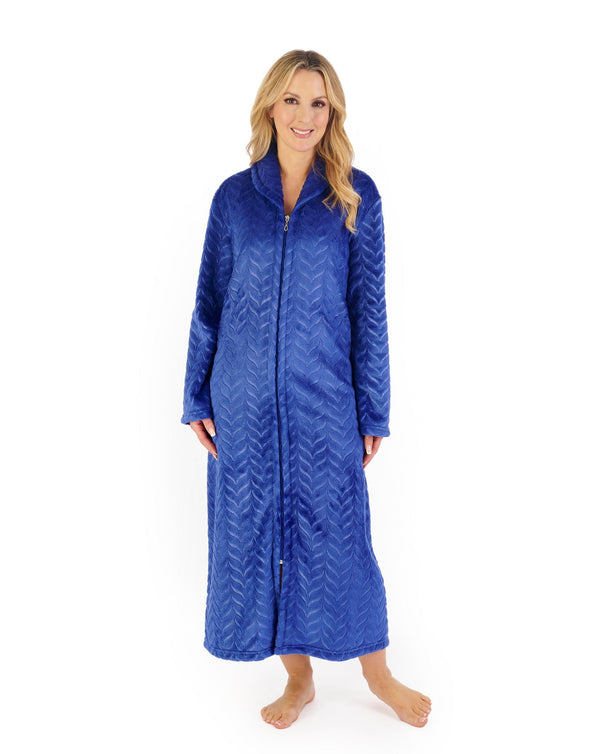 Embossed Pattern Fleece 50" Zip Up Housecoat