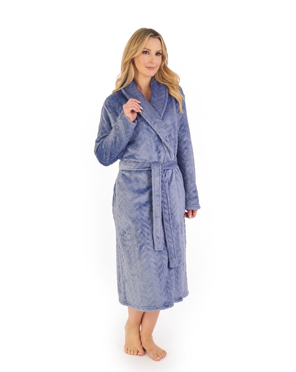 Embossed Pattern Fleece 46" Shawl Collar Wrap Robe