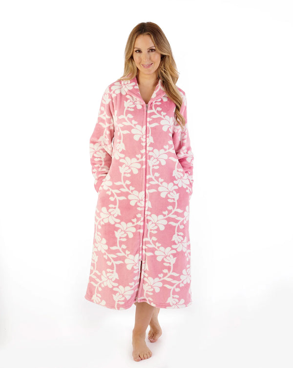 Slenderella 46″ Floral Flannel Fleece Housecoat – Soft, Cozy Zip-Through Comfort
