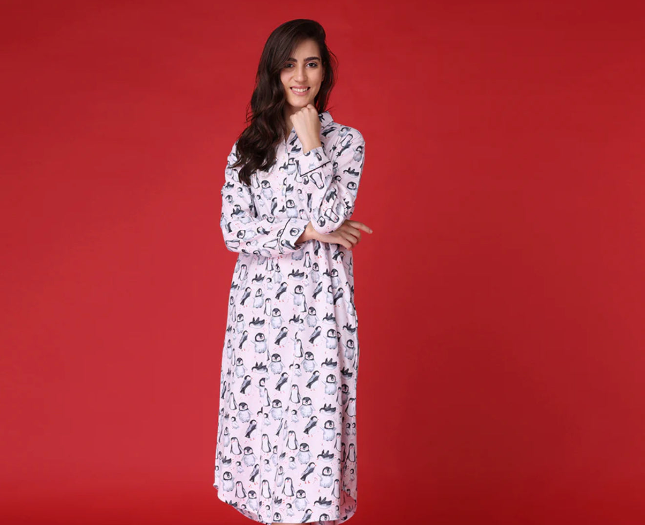 Mahogany - Happy Penguin Nightgown – Cozy 100% Cotton Flannel Winter Print