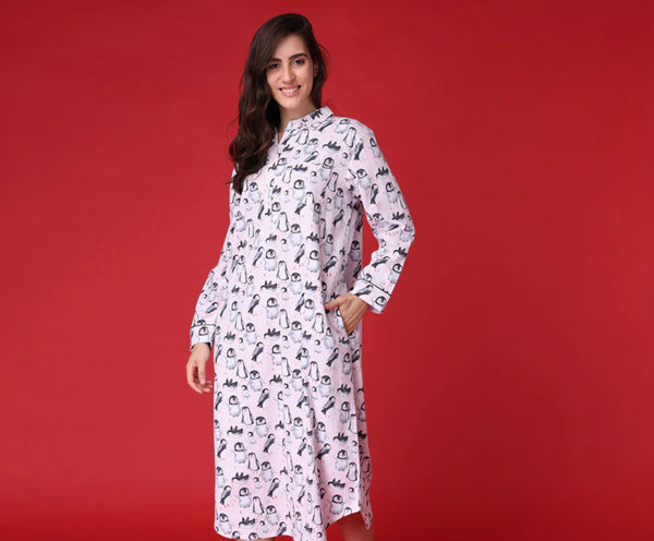 Mahogany - Happy Penguin Nightgown – Cozy 100% Cotton Flannel Winter Print