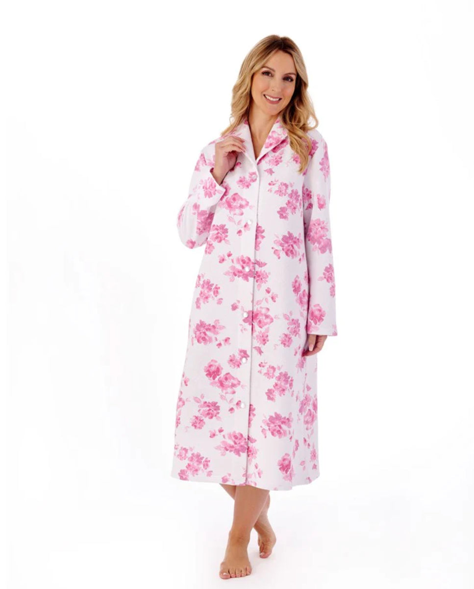 Slenderella 45″ Floral Mock-Quilt Button-Through Housecoat