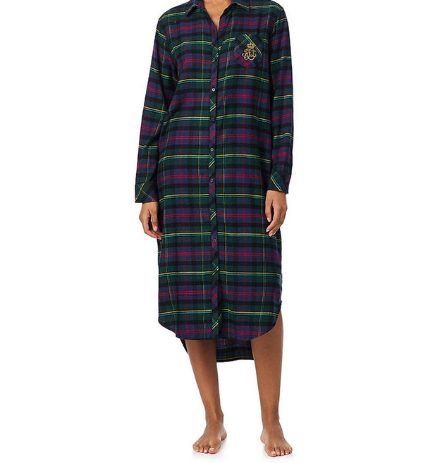 Lauren Ralph Lauren Plaid Ballet Sleepshirt – Classic Button-Front Comfort in Brushed Flannel Twill