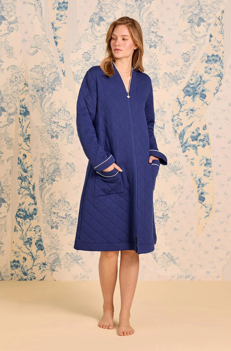 Eileen West Classic Navy Cotton Diamond-Quilt Zip Robe