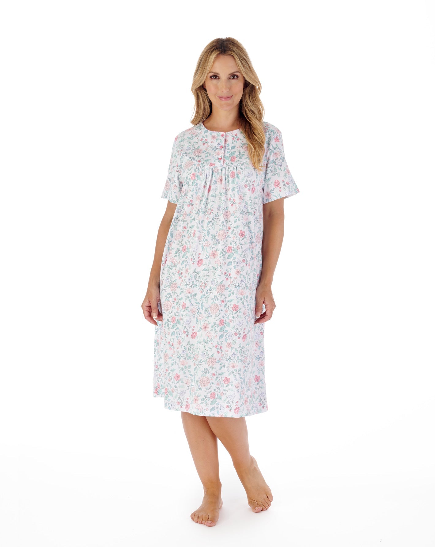 42" Trailing Floral Print Cotton Jersey Nightdress