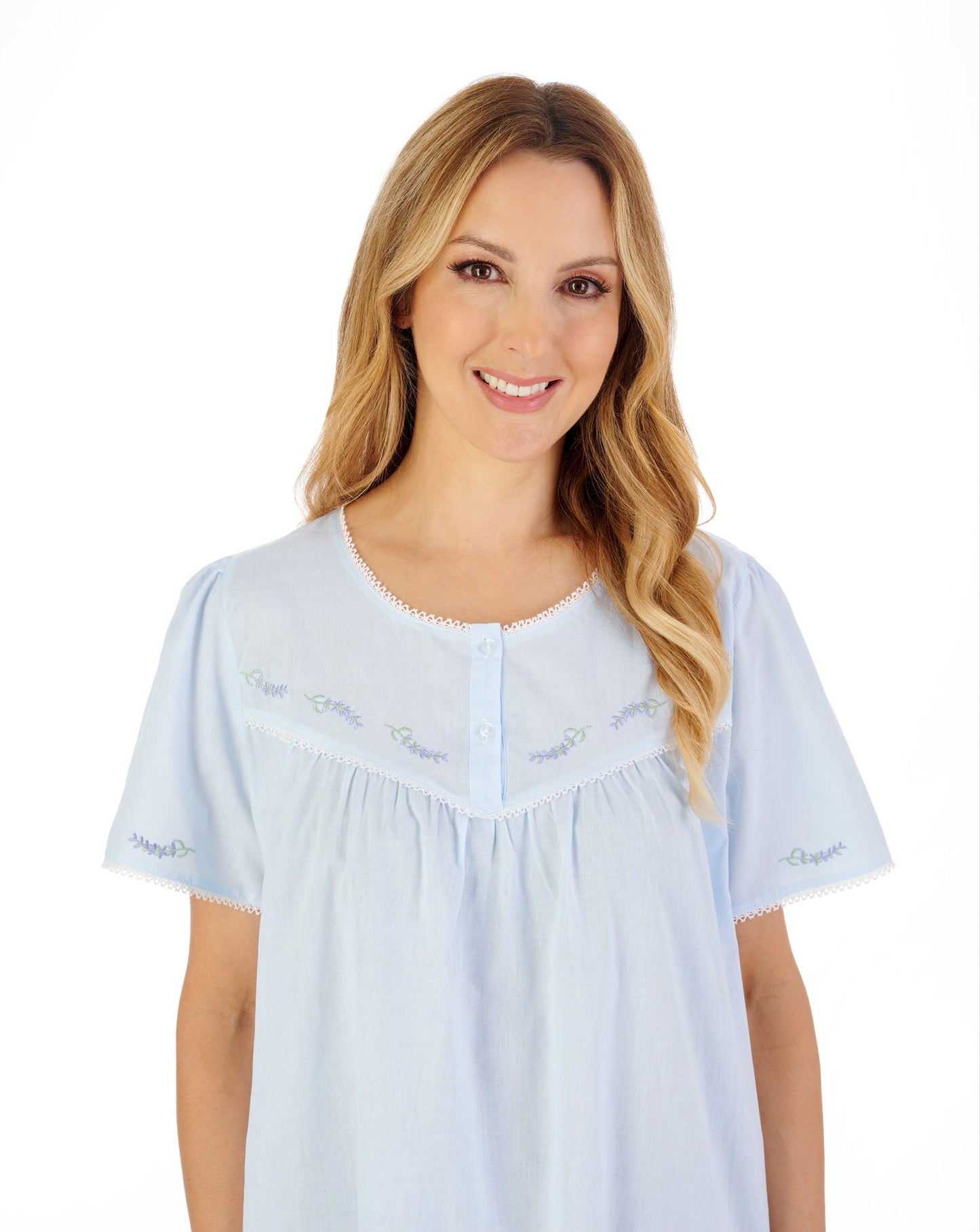 42" Lavender Embroidered Short Sleeve Lawn Cotton Nightdress