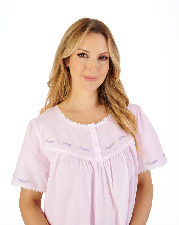 42" Lavender Embroidered Short Sleeve Lawn Cotton Nightdress