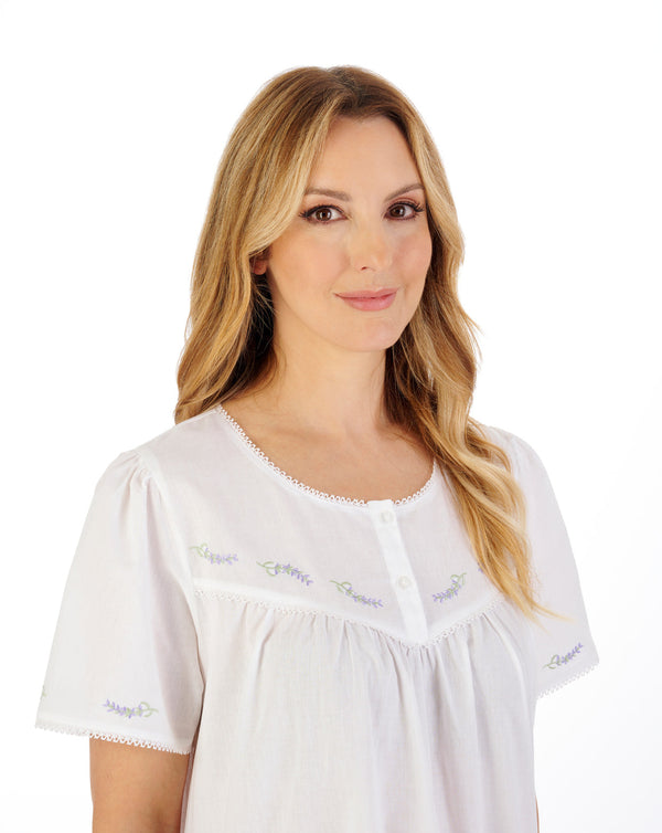 42" Lavender Embroidered Short Sleeve Lawn Cotton Nightdress