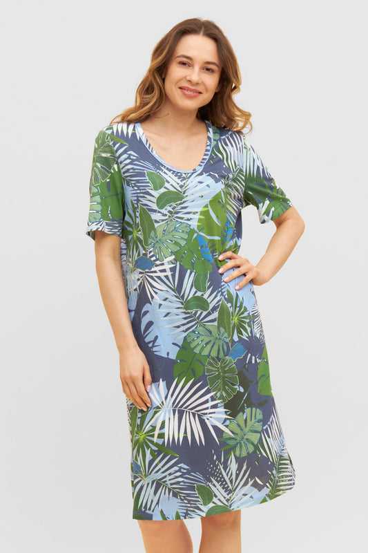 Rosch Pocketed Leaf Print Cotton Modal Nightgown Lounger