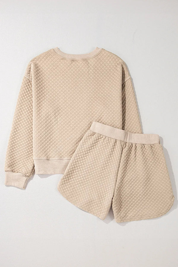 Quilted Round Neck Long Sleeve Top and Shorts Set