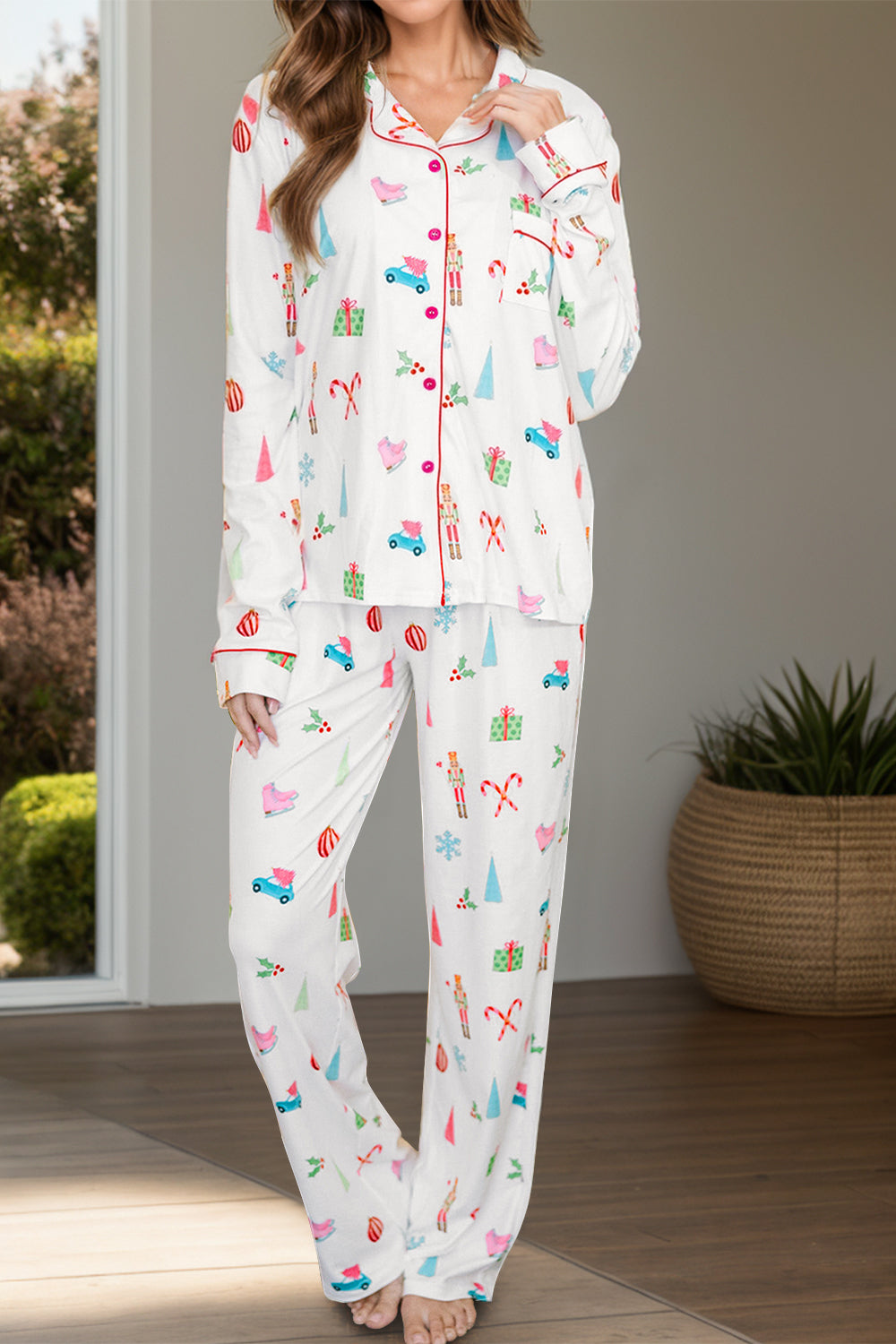 Holiday Print Collared Neck Long Sleeve Pajama